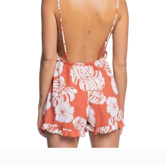 Roxy Tropical Print Romper Rust Orange With White Botanical Floral Pattern - Picture 2 of 7